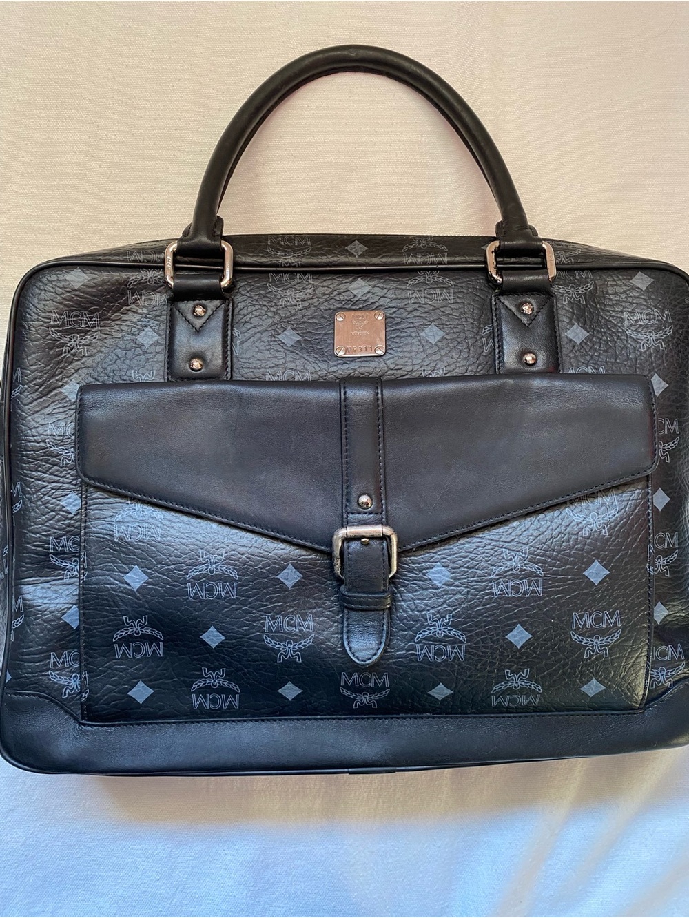 MCM Black Logo-Print Leather Briefcase with Front Flap Pocket